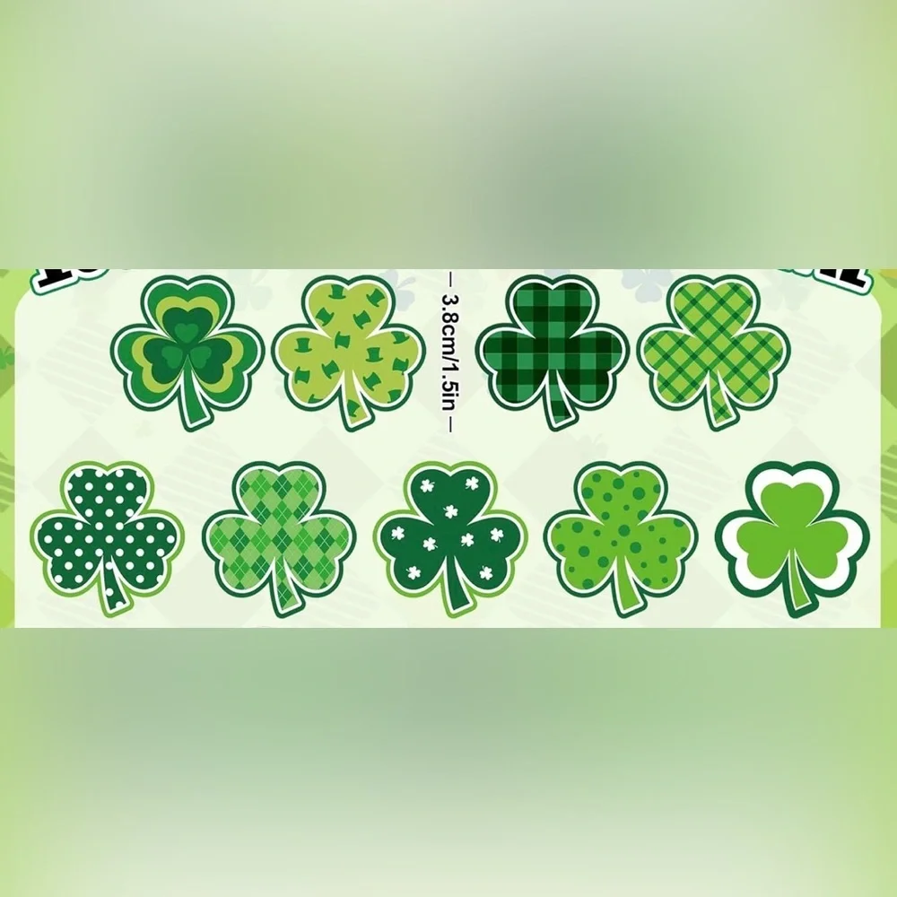 50 Count - Festive Shamrock, Clover Stickers, Variety, Green, White, 1.5 inches